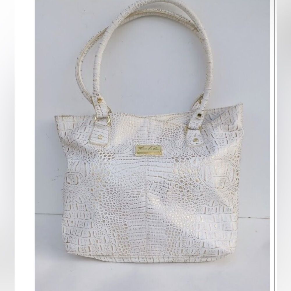 Marc Fisher Large Work Tote Shoulder Bag White Gold Crocodile Embossed